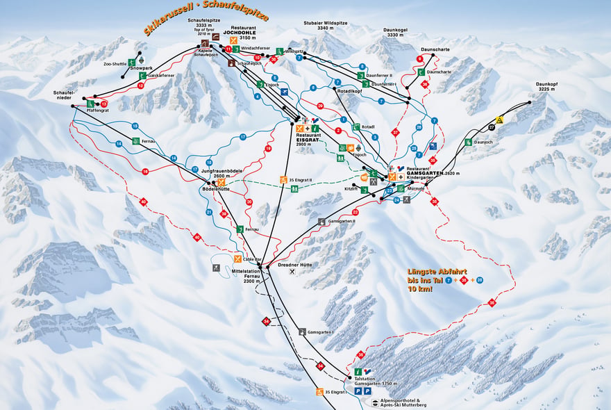 Stubaier Gletscher Pistenplan Winter, dem Skigebiet nahe Innsbruck