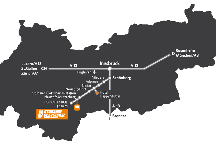 Übersichtskarte zur Anfahrt Stubaier Gletscher, dem Skigebiet nahe Innsbruck